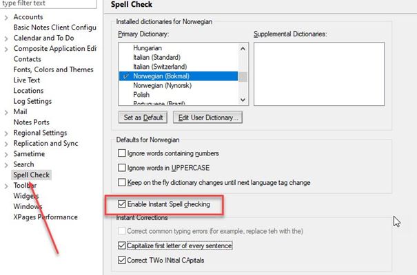 File - Preferences - Spell check in HCL Notes