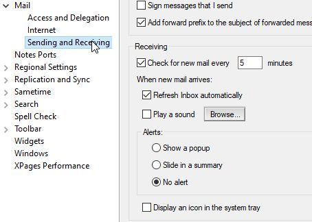 Settings for mail notifications in HCL Notes