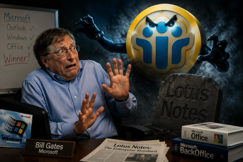 AI generated image of Bill Gates in an office, breing afraid of Lotus Notes, in the form of the IBM Notes logo